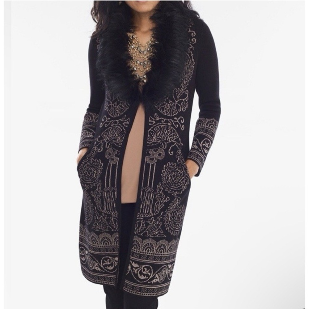 Chico's Women's Size 1 Medium Black Gold Open Long Cardigan Duster Faux Fur Trim